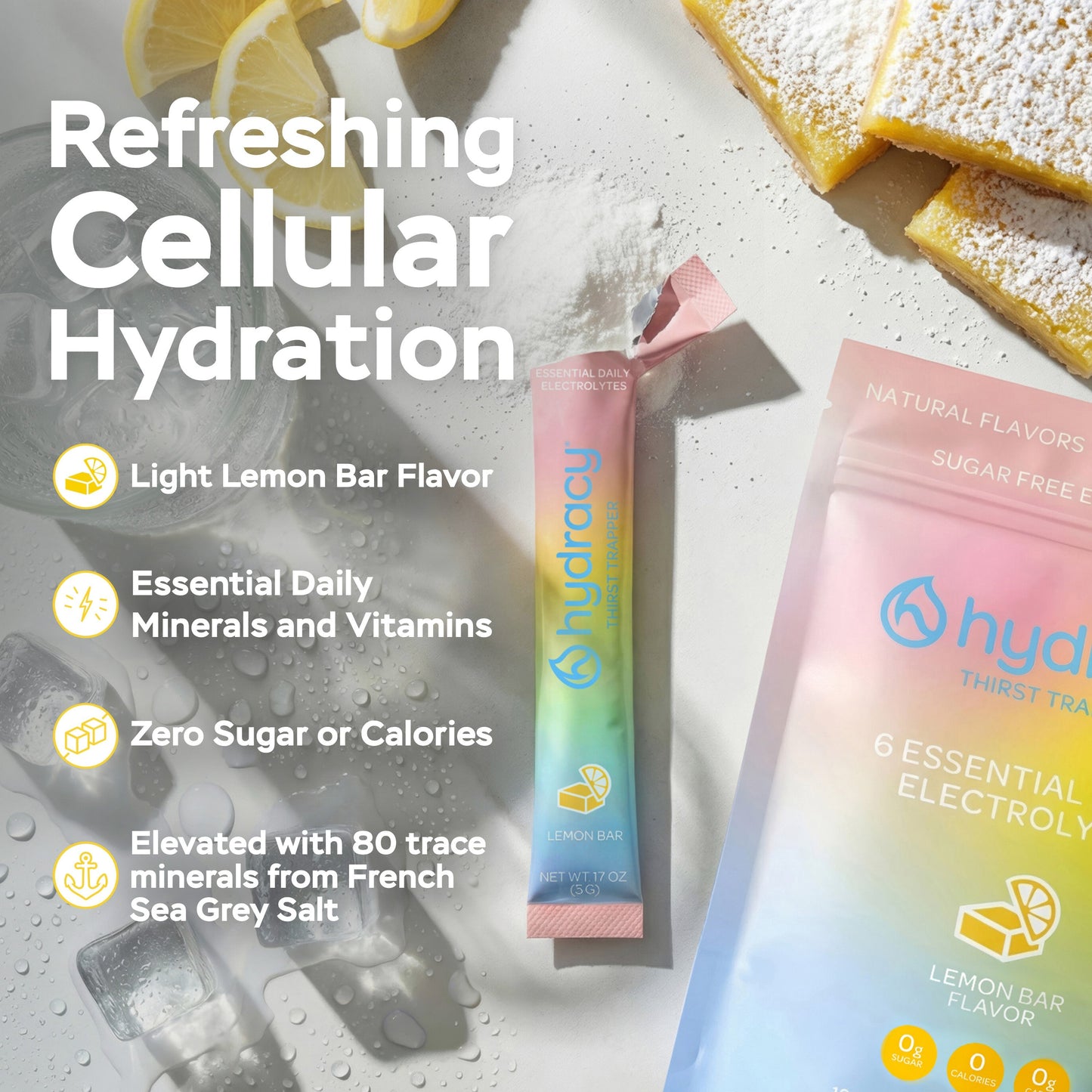 Hydracy Essential Daily Electrolyte Stick Packs (30 Count) - Lemon Bar